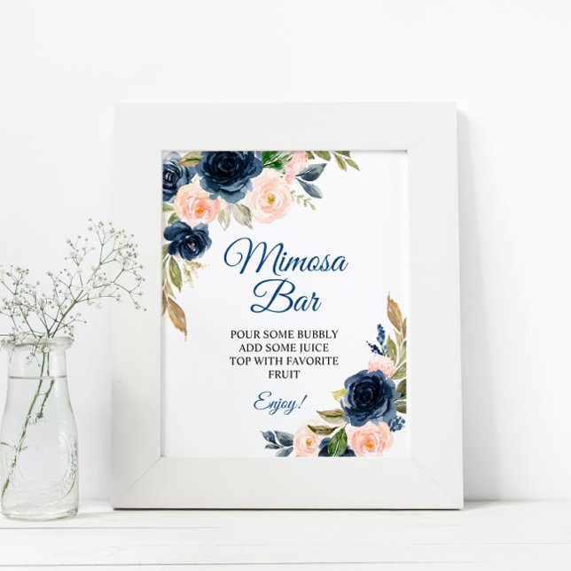 Navyblå & Blush Blommig Dusch Mimosa Bar Skylt (Skapare uppladdad)