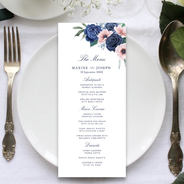 Navyblå & Blush Blommig Geometrisk Bröllop Meny (Navy blue and blush floral wedding menu adds elegant charm to every place setting.)