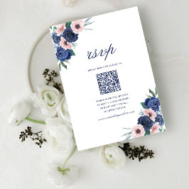 Navyblå & Blush Blommig Geometrisk Bröllops QR-kod OSA Kort