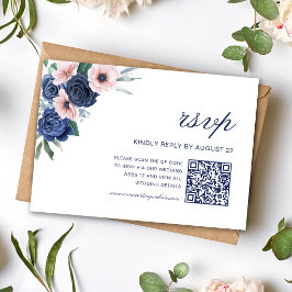 Navyblå & Blush Blommig Geometrisk Bröllops QR-kod OSA Kort