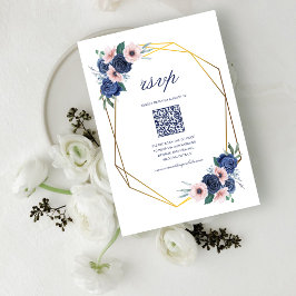 Navyblå & Blush Blommig Geometrisk Bröllops QR-kod OSA Kort