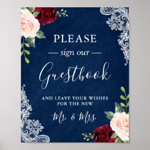 Navyblå Blush Blommig Spets Bröllop Gästbokskylt Poster