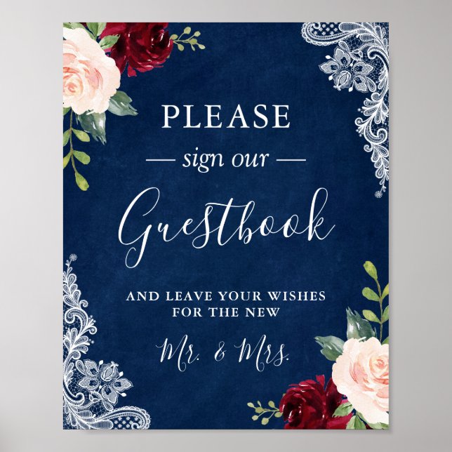 Navyblå Blush Blommig Spets Bröllop Gästbokskylt Poster (Framsidan)