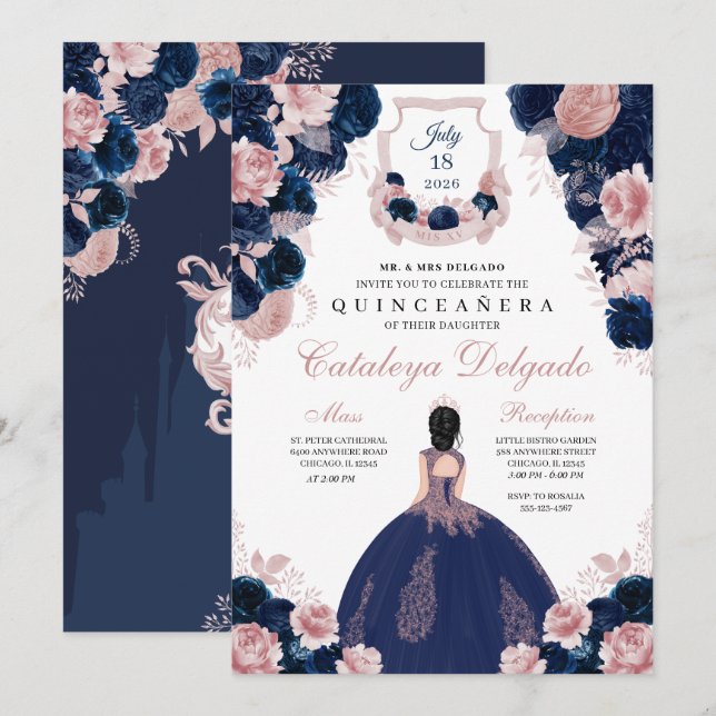 Navyblå & Blush Rosa Blommig Elegant Quinceañera Inbjudningar (Fram/baksida)