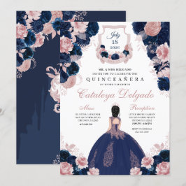 Navyblå & Blush Rosa Blommig Elegant Quinceañera Inbjudningar