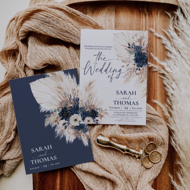 Navyblå bohemisk Pampas bröllopsinbjudan kort (Navy Blue Boho Wedding Invitation Card | Bohemian Pampas Grass Wedding Invite)