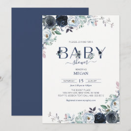 Navyblå Boho Blommig Bebisdusch Inbjudningar