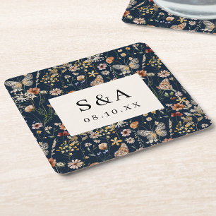 Navyblå Boho Blommig Bröllop Underlägg Papper Kvadrat