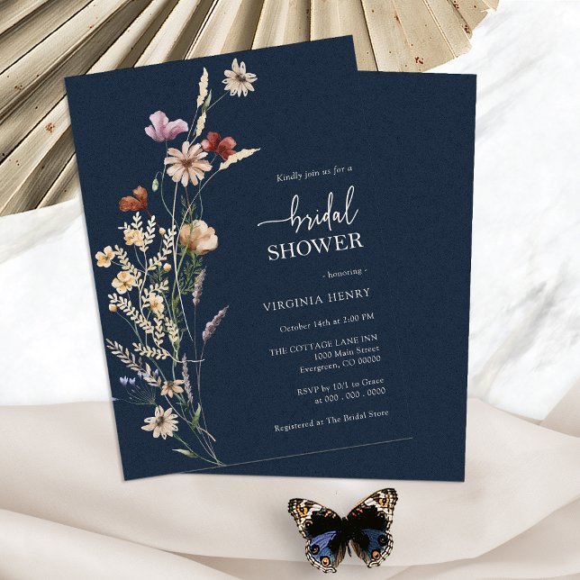 Navyblå Boho Blommig Bröllopsfestinladning Inbjudningar (Navy Blue Boho Floral Bridal Shower Invitation by Painted Paperie
)