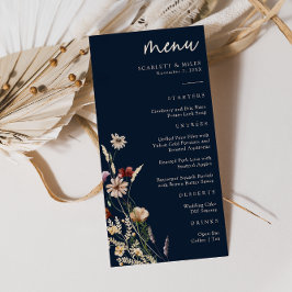 Navyblå Boho Blommig Bröllopsmeny Meny