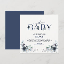 Navyblå Boho Blommig Pojk Bebis Shower Fyrkantig Inbjudningar