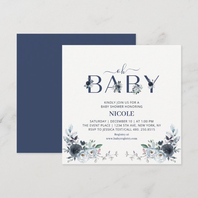 Navyblå Boho Blommig Pojke Baby Shower Fyrkantig Inbjudningar (Fram/baksida)