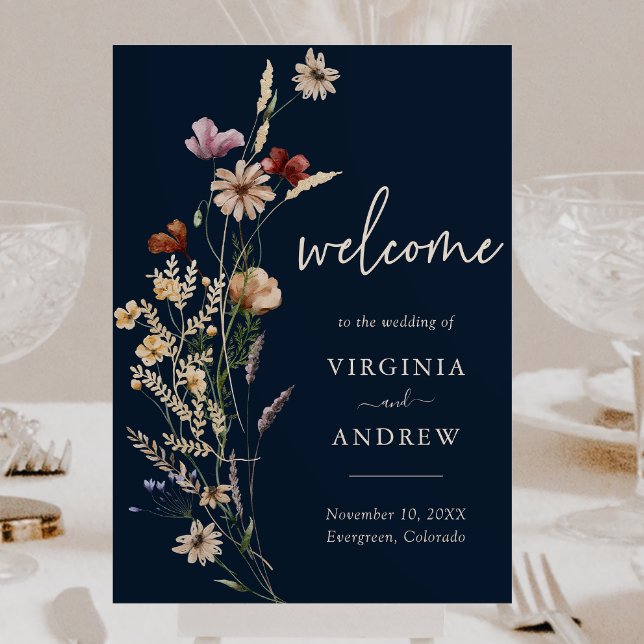 Navyblå Boho Blommig Välkomstbröllopsaffisch Poster (Navy Blue Boho Floral Welcome Sign Wedding Poster by Painted Paperie
)