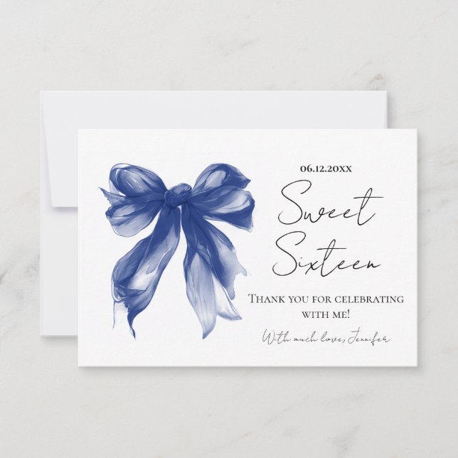 Navyblå Bow Coquette Script Sweet 16 Tack  Kort (Framsida)