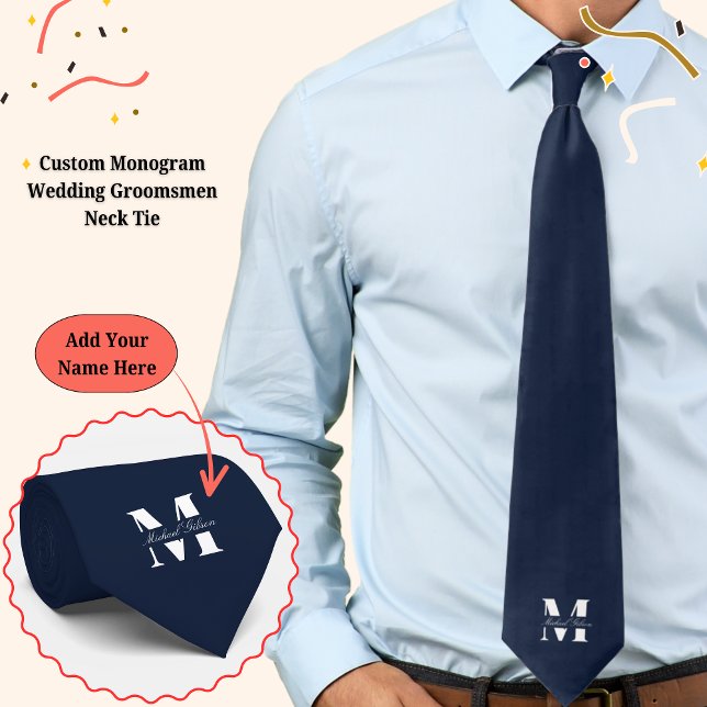 Navyblå | Bröllopskrage för brudgum med eget monog Slips (Navy Blue | Custom Monogram Wedding Groomsmen Neck Tie)