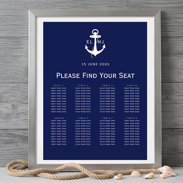 Navyblå bröllopsställningsskylt med nautisk tema poster (Navy Nautical Wedding Seating Chart Sign)