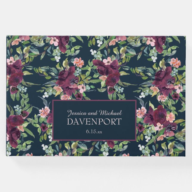 Navyblå Burgundy Rosabruksblommande Bröllop Gästböcker (Framsida)