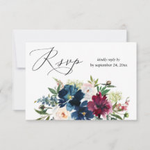 Navyblå, Burgundy & Vit Blommig med måltids-RSVP 2
