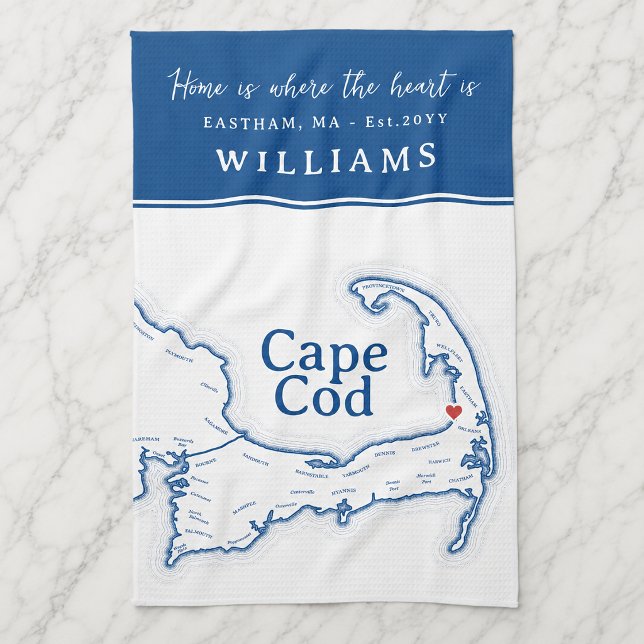 Navyblå Cape Cod-karta Nytt hem Kökshandduk (Cape Cod Map Kitchen Towel housewarming gift, new home present with heart over Brewster)