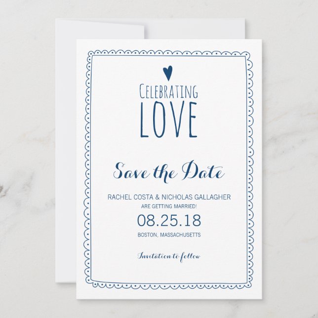Navyblå Celebrating Love Bröllop Save the Date Spara Datumet (Framsida)