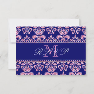 Navyblå Damask Rosa Glitter Bröllops RSVP OSA Kort