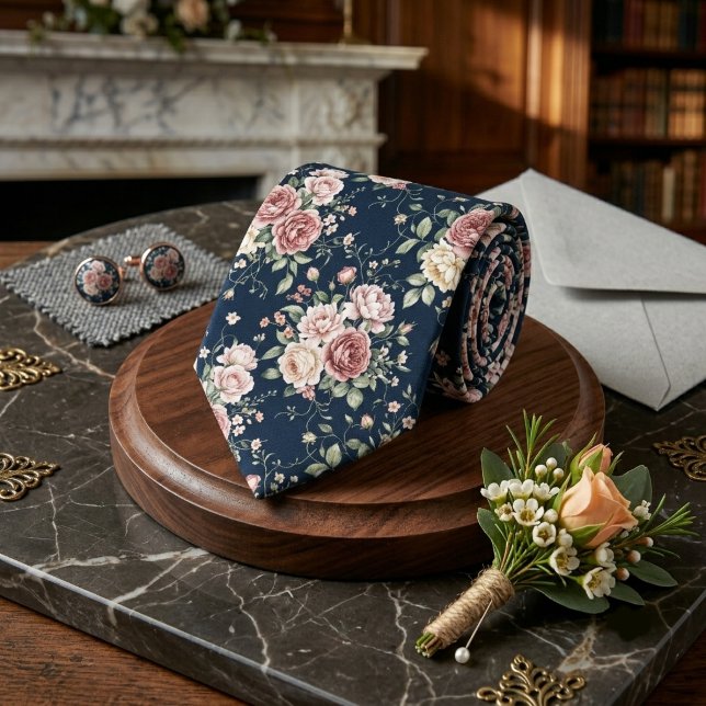Navyblå dammig ros peony blomsterbrudgumme  slips (Skapare uppladdad)