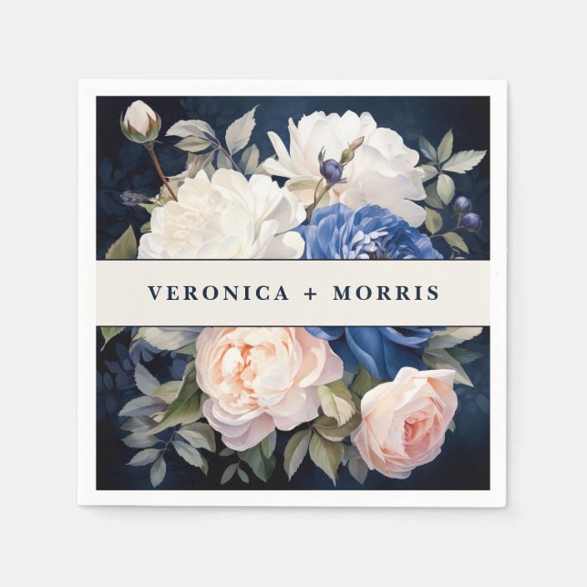 Navyblå & dammig rosa blomklänning bröllop pappersservett (Framsidan)