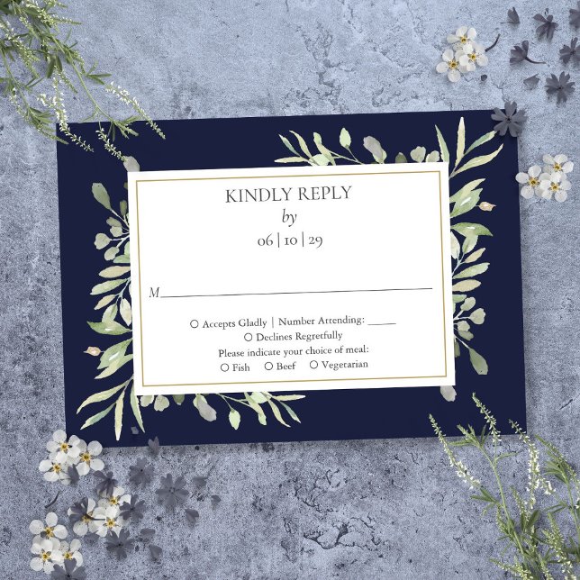 Navyblå elegant akvarellgrönska RSVP OSA Kort (Navy Blue Elegant Watercolor Greenery RSVP)