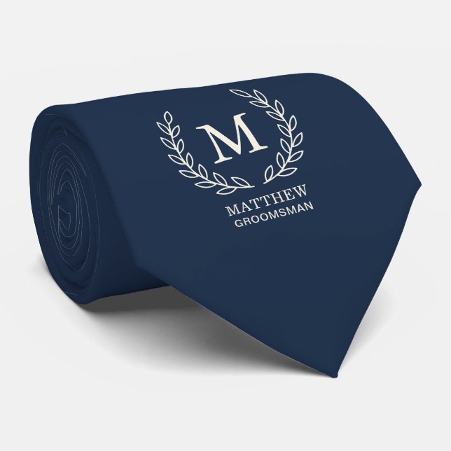 Navyblå Elegant Bröllopssvigmonogram Brudgum Slips (Rullad)