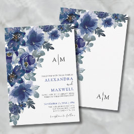 Navyblå Elegant Modern Blommig Bröllop Inbjudningar