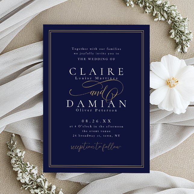 Navyblå Enkel Elegans Romantisk Bröllopsskrift Inbjudningar (Navy Blue Simple Elegance Romantic Script Wedding Invitation)