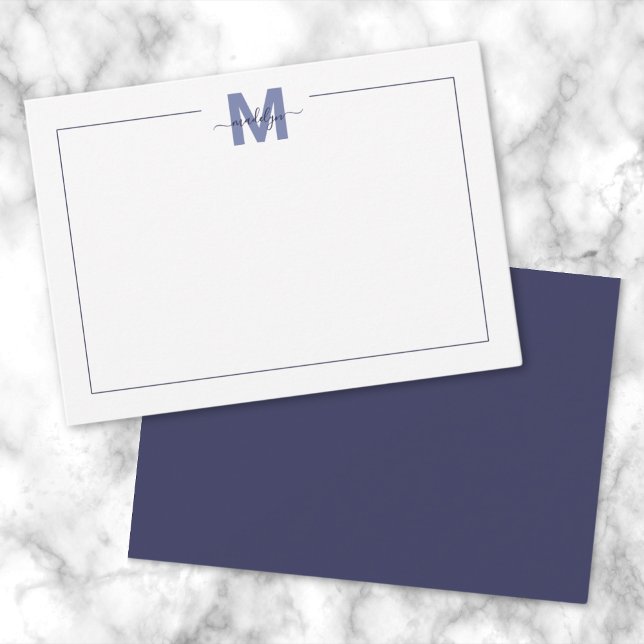 Navyblå Enkel Minimalistisk Namnmonogram Anteckningskort (Navy Blue Simple Minimalist Name Monogram Note Card )