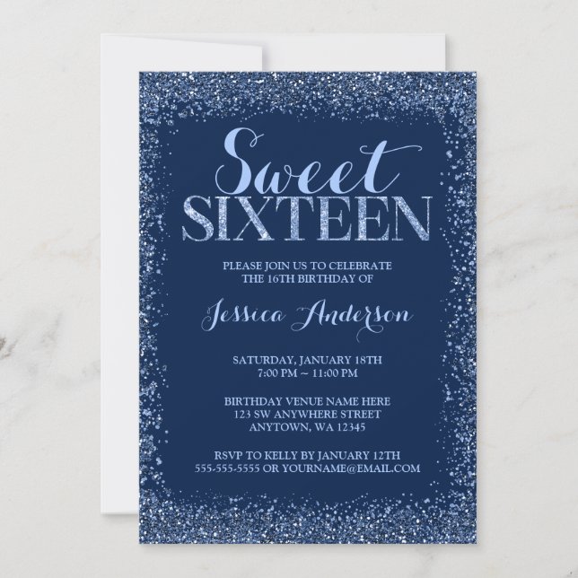 Navyblå Falsk Glitter Sweet 16 Födelsedag Inbjudningar (Framsida)