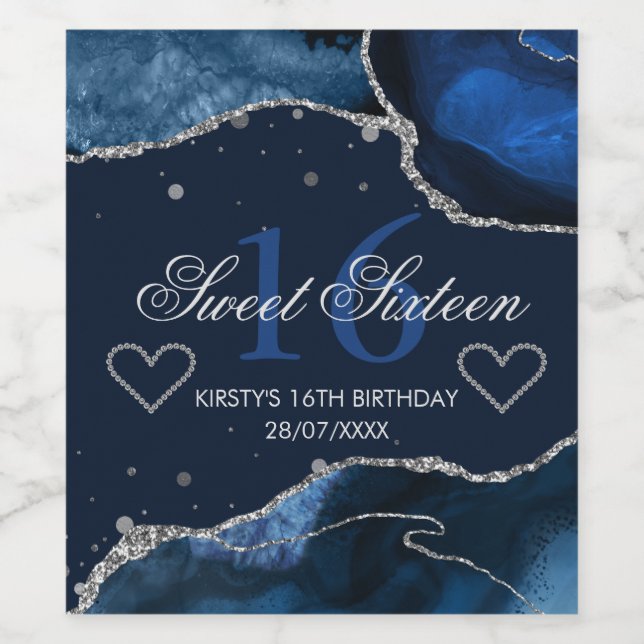Navyblå & Falskt Silver Glitter Agat Sweet 16 Vinflaska Etikett (Singel etikett)