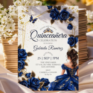 Navyblå Förgylld Tiara Rosor Quinceañera Inbjudningar