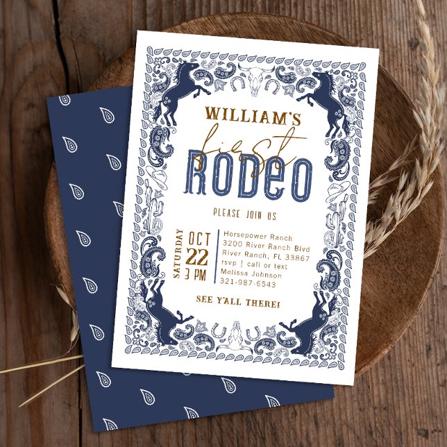 Navyblå Första Rodeo Födelsedag Western Inbjudningar (Wild West Birthday Invite - Navy Blue)