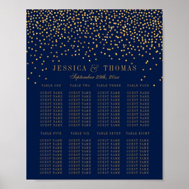 Navyblå & Glam Guld Konfetti Bröllopsplatser Poster (Framsidan)