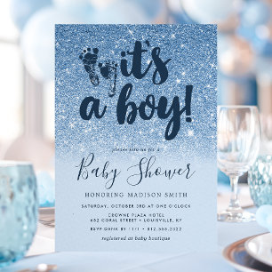 Navyblå Glitter Ombre Det Är En Pojke Babyfirande Inbjudningar