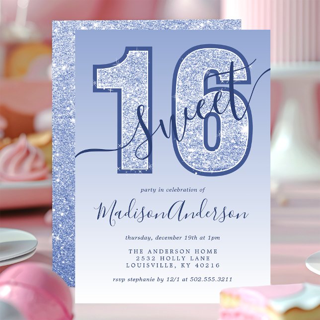 Navyblå glitter skrift Sweet 16 födelsedagsfest Inbjudningar (Skapare uppladdad)