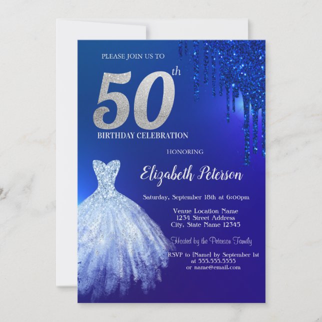 Navyblå glitterdroppar, klänning blå 50-årsdag inbjudningar (Framsida)