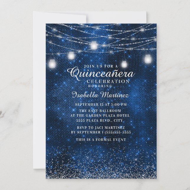 Navyblå glittersträngljus Quinceañera  Inbjudningar (Framsida)