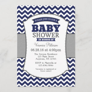 Navyblå Grå Chevron Baby Shower Inbjudan