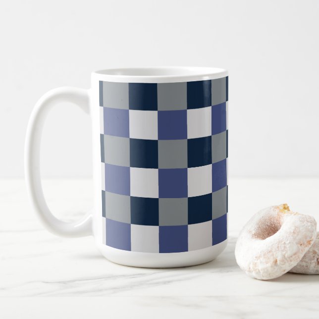 Navyblå Grå Vit Rutig Schackrutig Kaffe Mugg (Med munk)