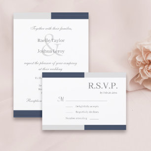 Navyblå Grå Vita Ränder Elegant Bröllop RSVP Inbjudningar