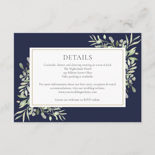 Navyblå grönska Blommig Bröllopsdetalj Tilläggskort (Framsida)