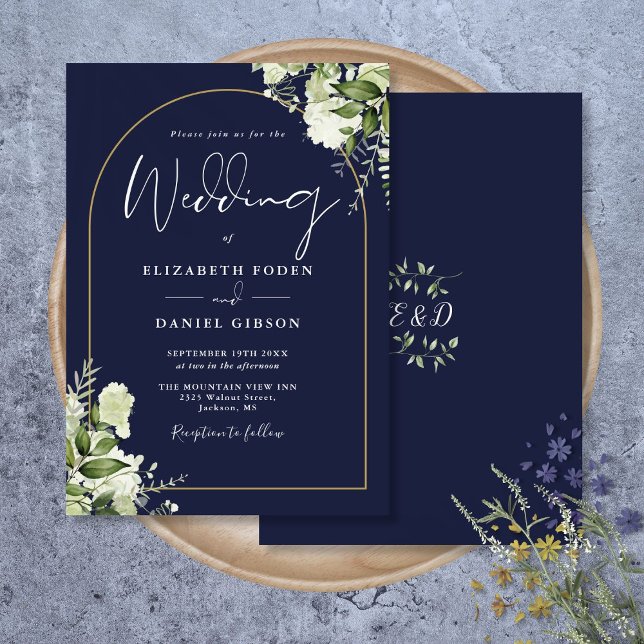 Navyblå grönska guld båge monogram bröllop inbjudningar (Navy Blue Greenery Gold Arch Monogram Wedding Invitation)