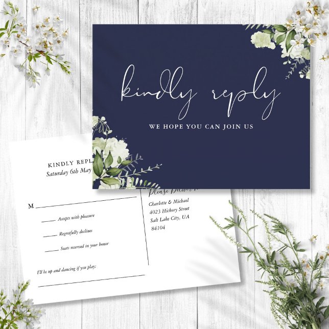 Navyblå grönskande sångförfrågan RSVP vykort (Navy Blue Greenery Song Request RSVP Postcard)