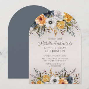 Navyblå Gul Blommig Glitter 60-årsdag Inbjudningar