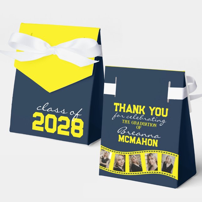 Navyblå & Gul Fotocollage Filmremsa Presentaskar (Unique 5 Photo Filmstrip Graduation Favor Boxes available in over 30 color combinations!)