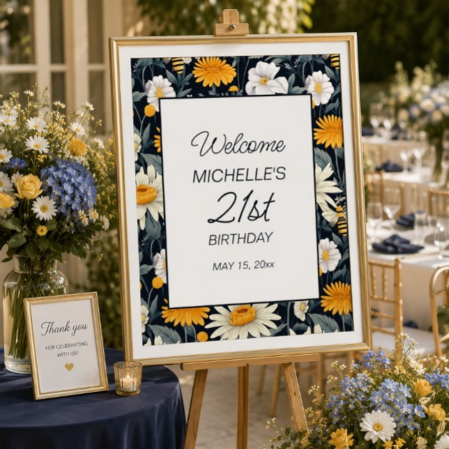 Navyblå gula vita tusenskönor Födelsedagsvälkomst Poster (Daisies and dandelions 21st birthday party welcome poster)
